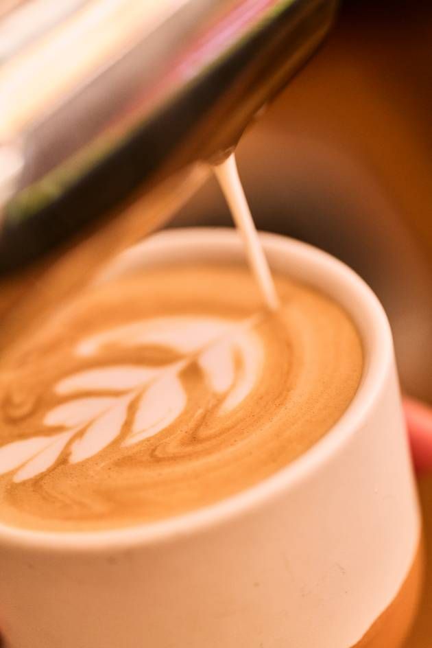 A person gracefully pours a creamy latte into Essenz cup, showcasing the art of coffee preparation.