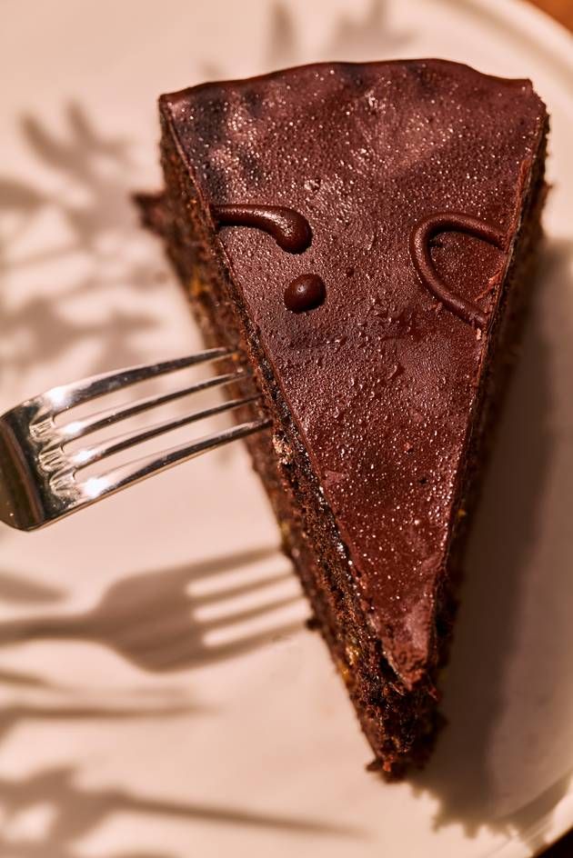 A top-down view of the Sacher Torte slice.